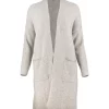 long yak wool cardigan with open front, dropped shoulders and two patch pockets, front view in stone colour