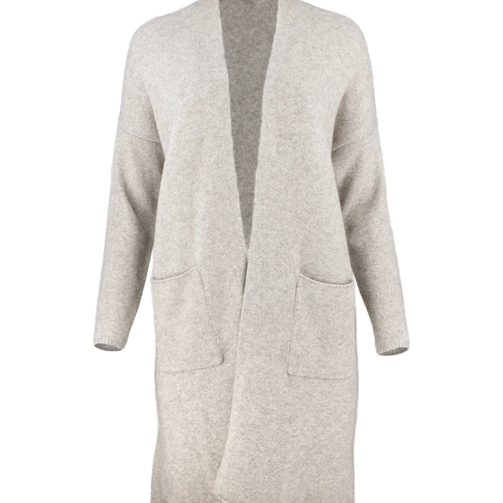 long yak wool cardigan with open front, dropped shoulders and two patch pockets, front view in stone colour