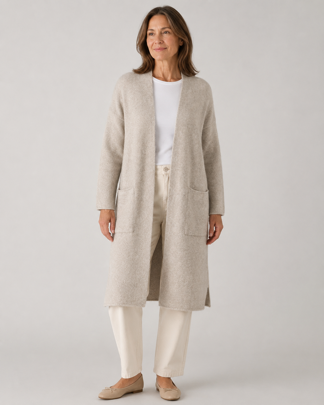Model wearing the Ochre Neel Long Yak Wool Cardigan