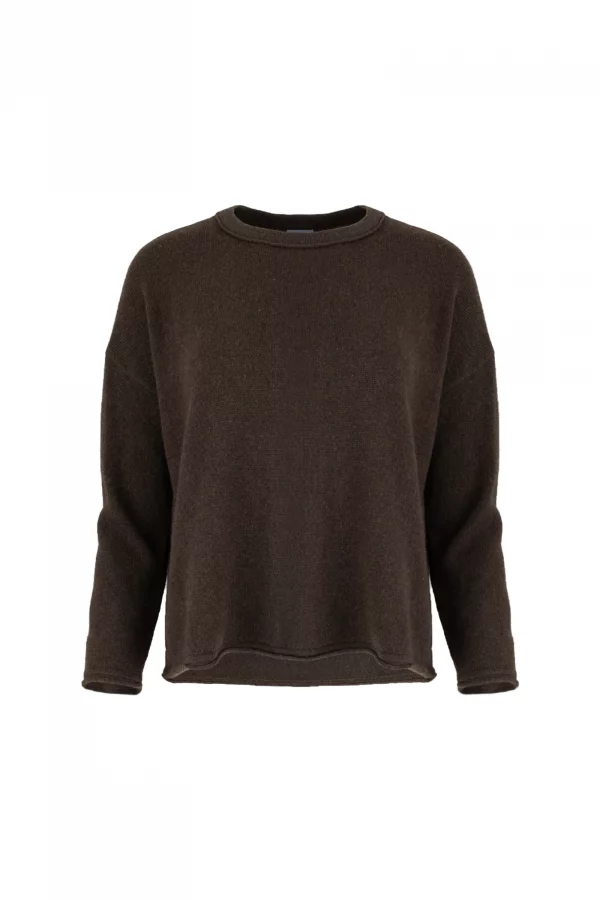 Rina-yak-wool-jumper-bitter-chocolate-front - Ochre Knitwear yak wool jumper, showing the relaxed crew neckline, dropped shoulders and softly cropped in bitter chocolate colour