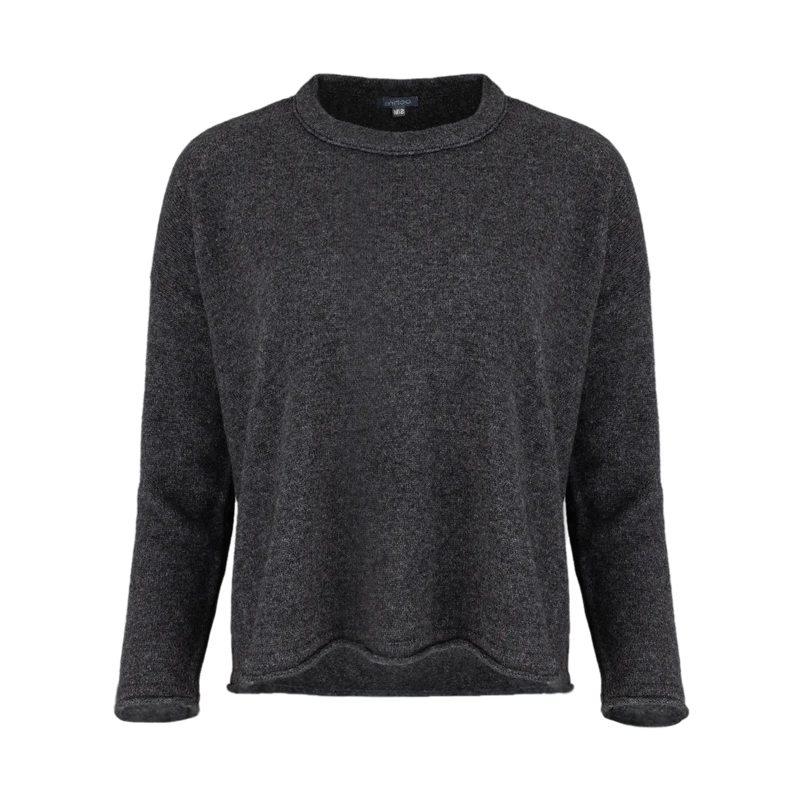 yak wool jumper, showing the relaxed crew neckline, dropped shoulders and softly cropped in graphite colour front view