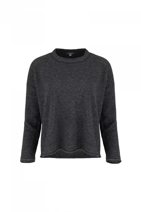Rina-yak-wool-jumper-graphite-front - Ochre Knitwear yak wool jumper, showing the relaxed crew neckline, dropped shoulders and softly cropped in graphite colour front view