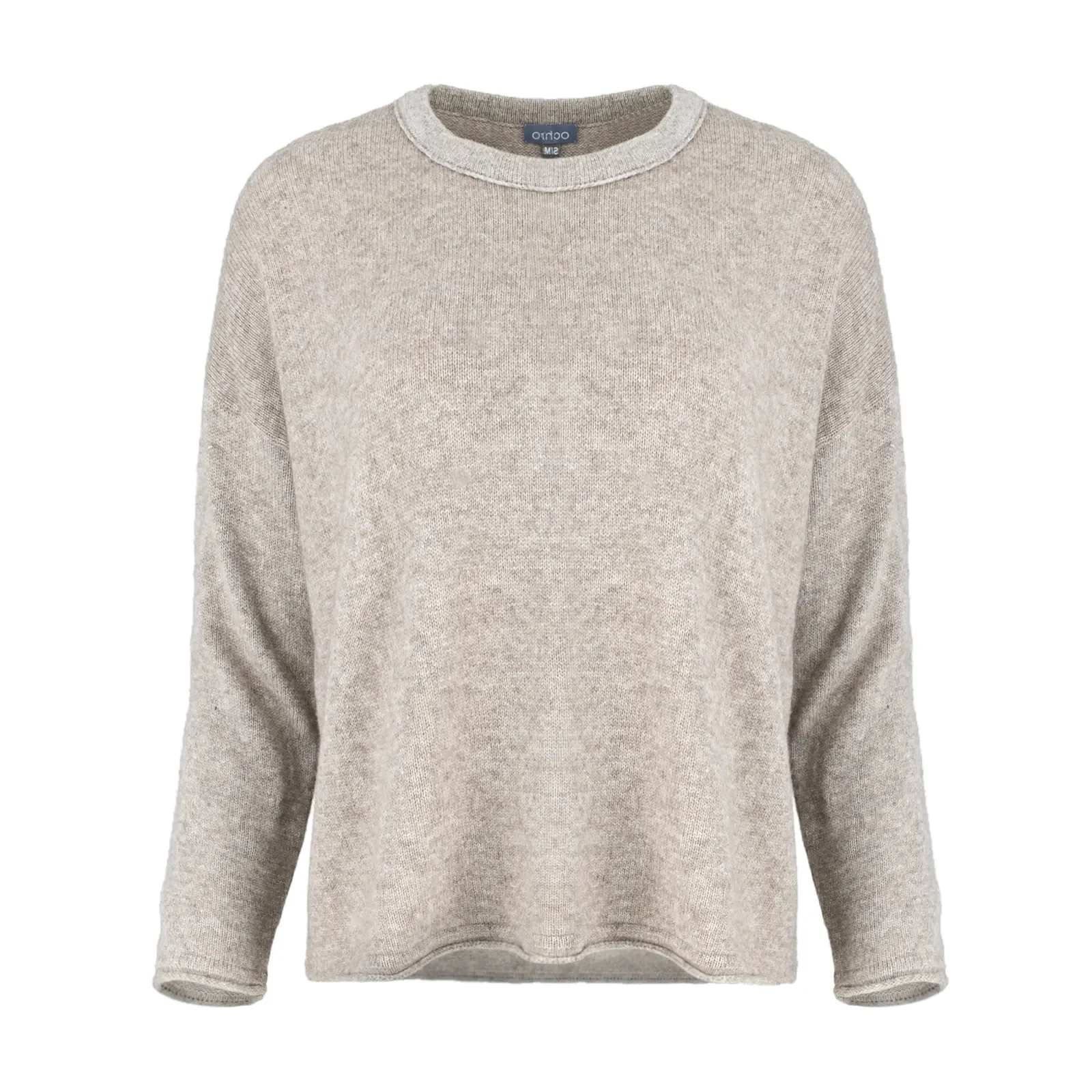 yak wool jumper, showing the relaxed crew neckline, dropped shoulders and softly cropped in stone colour front view