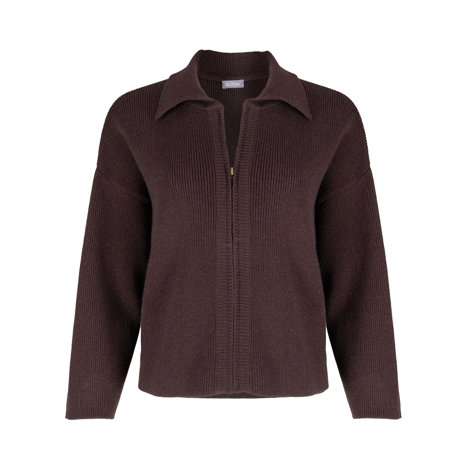 zip collar cardigan in bitter chocolate colour with ribbed sleeves, cropped body and centre-front zip, front view