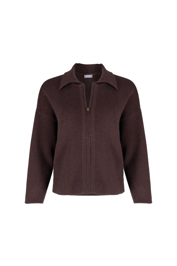 zip collar cardigan in bitter chocolate colour with ribbed sleeves, cropped body and centre-front zip, front view