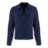 zip collar cardigan in deep navy with ribbed sleeves, cropped body and centre-front zip