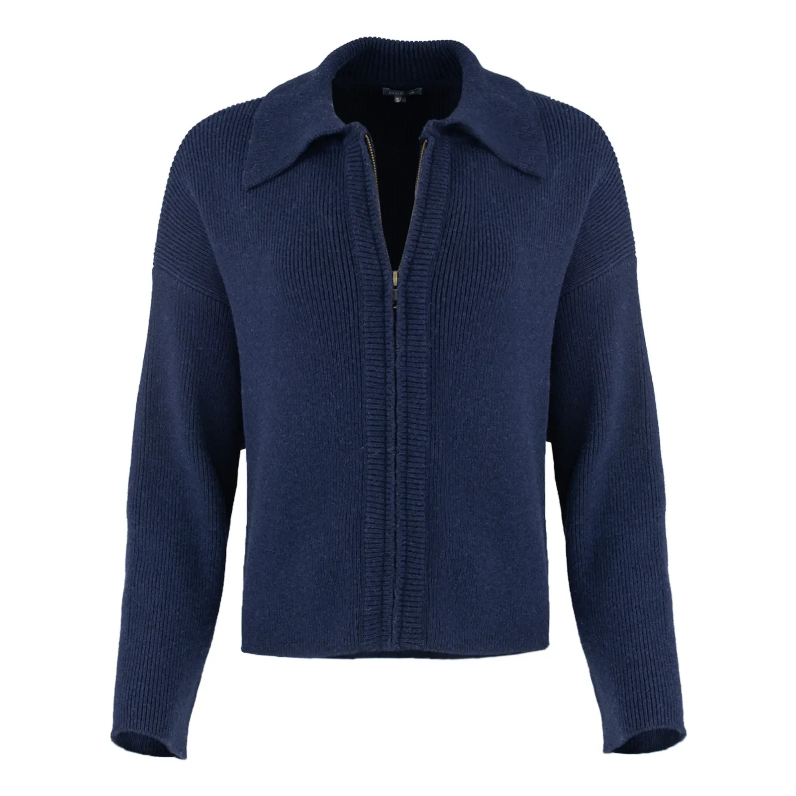 zip collar cardigan in deep navy with ribbed sleeves, cropped body and centre-front zip