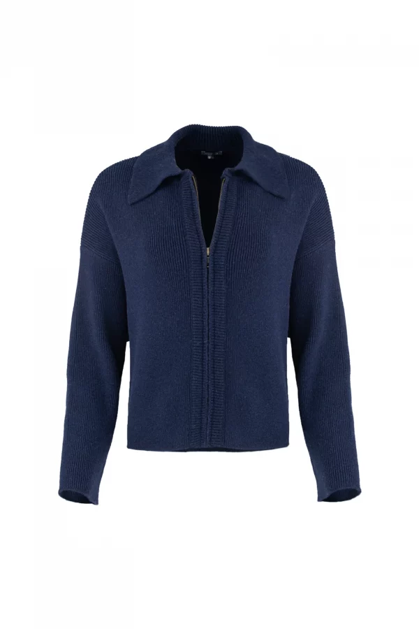 zip collar cardigan in deep navy with ribbed sleeves, cropped body and centre-front zip