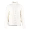 aran roll neck jumper with high ribbed collar, raised cable panels, diamond stitch detail and deep ribbed hem, front view.