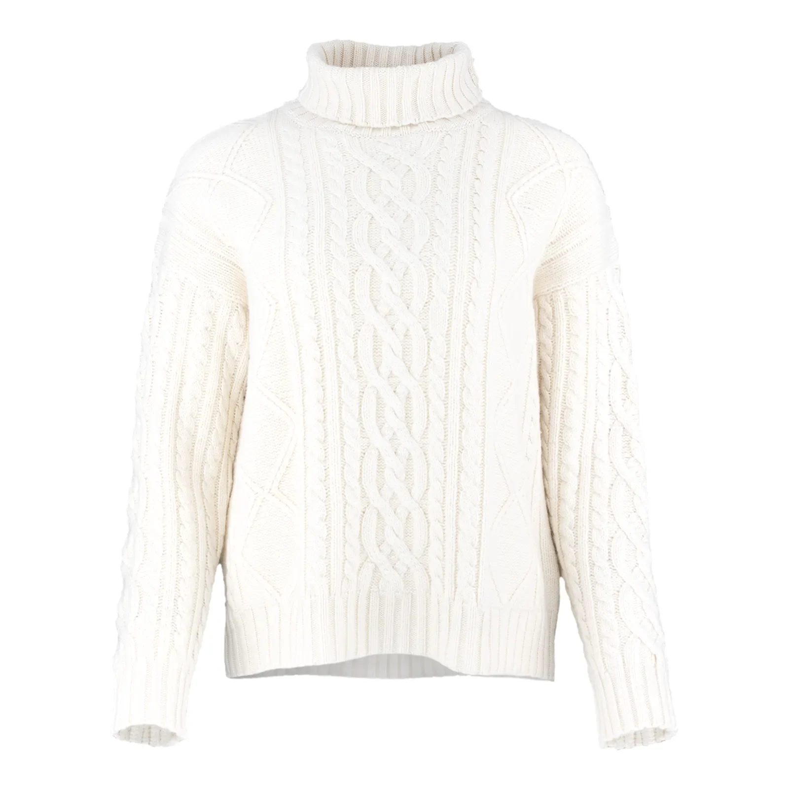 aran roll neck jumper with high ribbed collar, raised cable panels, diamond stitch detail and deep ribbed hem, front view.