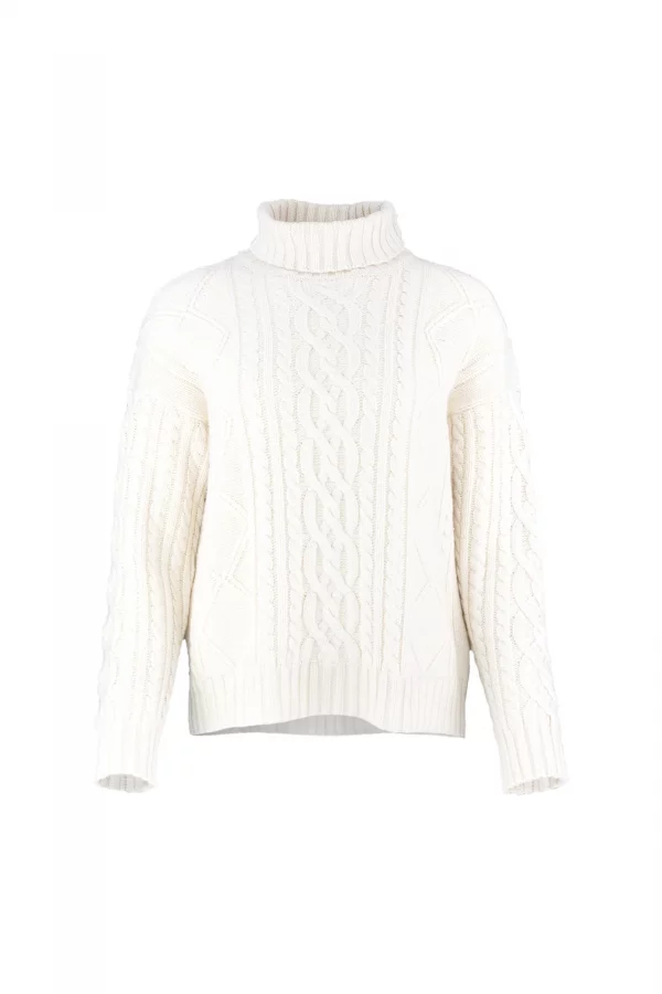 aran roll neck jumper with high ribbed collar, raised cable panels, diamond stitch detail and deep ribbed hem, front view.