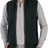 james-mens-merino-gilet-ebony-front - Ochre Knitwear men’s merino gilet in ebony with brass front zip, ribbed stand collar, synthetic suede trim and two side pockets