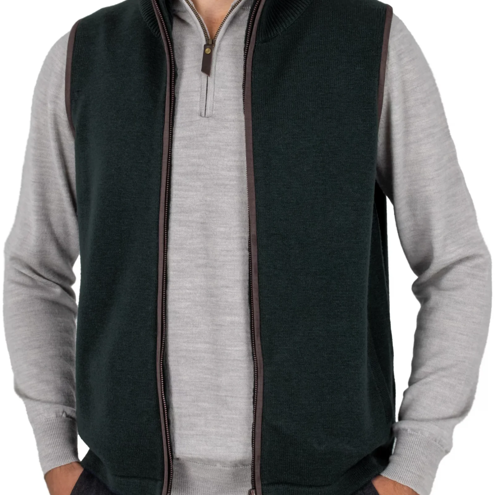 james-mens-merino-gilet-ebony-front - Ochre Knitwear men’s merino gilet in ebony with brass front zip, ribbed stand collar, synthetic suede trim and two side pockets