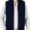 james-mens-merino-gilet-navy-front-1 - Ochre Knitwear men’s merino gilet in navy colour, with brass front zip, ribbed stand collar, synthetic suede trim and two side pockets