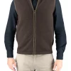 james-mens-yak-wool-zip-gilet-bitter-chocolate - Ochre Knitwear Person wearing a brown zip-front fleece vest over a dark long-sleeve shirt, shown from the waist up against a light background.