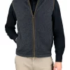 james-mens-yak-wool-zip-gilet-graphite - Ochre Knitwear men’s yak wool zip gilet in graphite, front view with stand collar, full zip and two pockets
