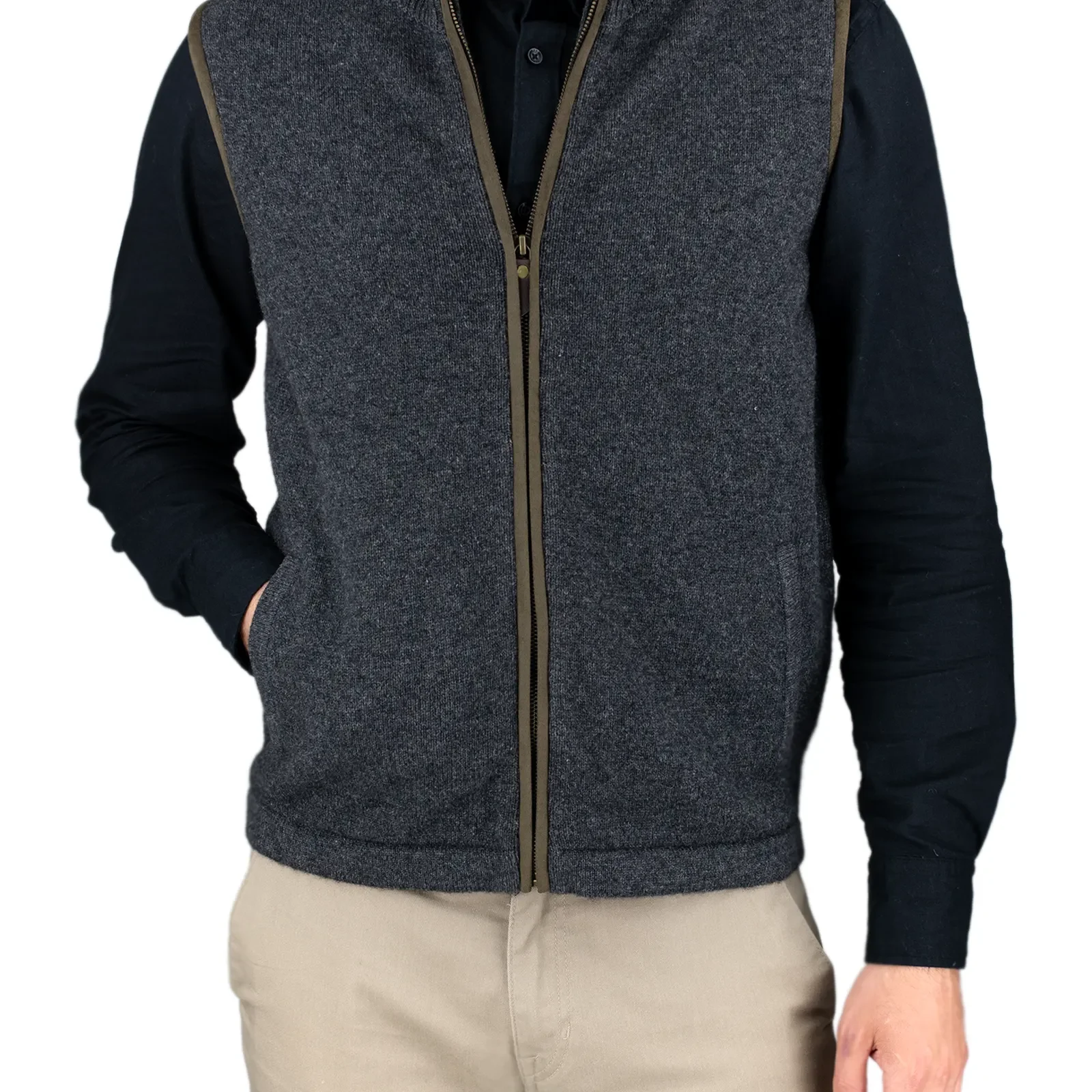 men’s yak wool zip gilet in graphite, front view with stand collar, full zip and two pockets