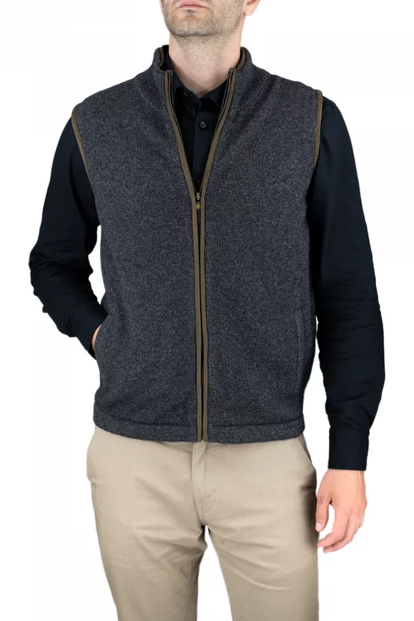 james-mens-yak-wool-zip-gilet-graphite - Ochre Knitwear men’s yak wool zip gilet in graphite, front view with stand collar, full zip and two pockets