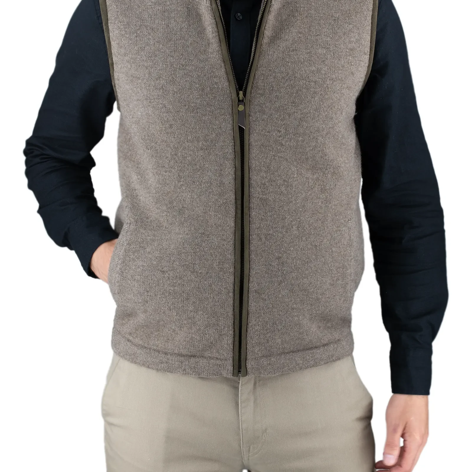 men’s yak wool zip gilet in mocha, front view with stand collar, full zip and two pockets