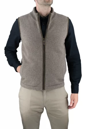 james-mens-yak-wool-zip-gilet-mocha men’s yak wool zip gilet in mocha, front view with stand collar, full zip and two pockets
