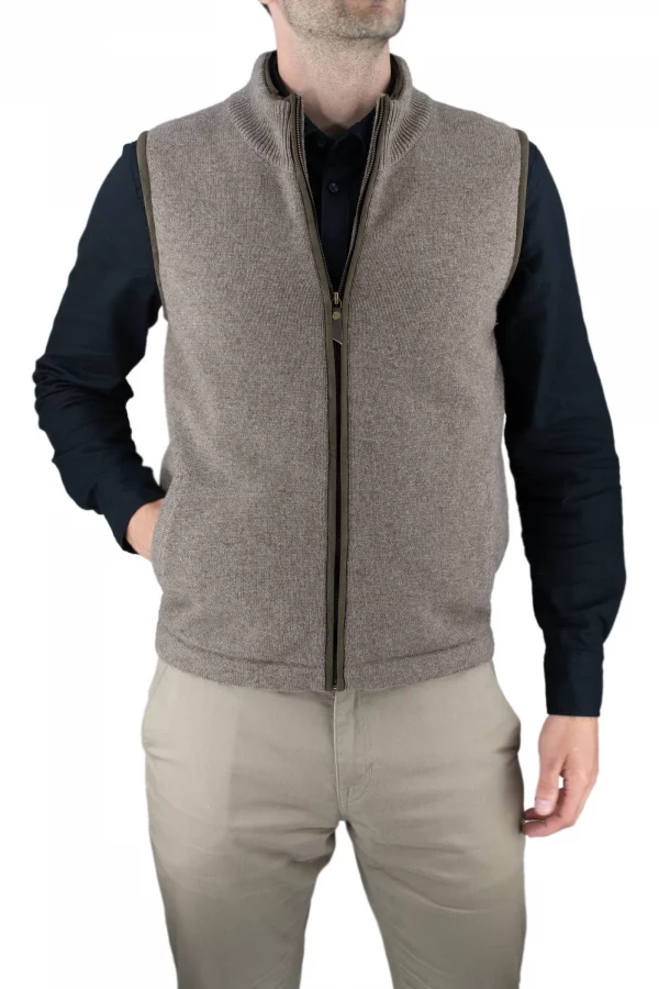 james-mens-yak-wool-zip-gilet-mocha - Ochre Knitwear men’s yak wool zip gilet in mocha, front view with stand collar, full zip and two pockets