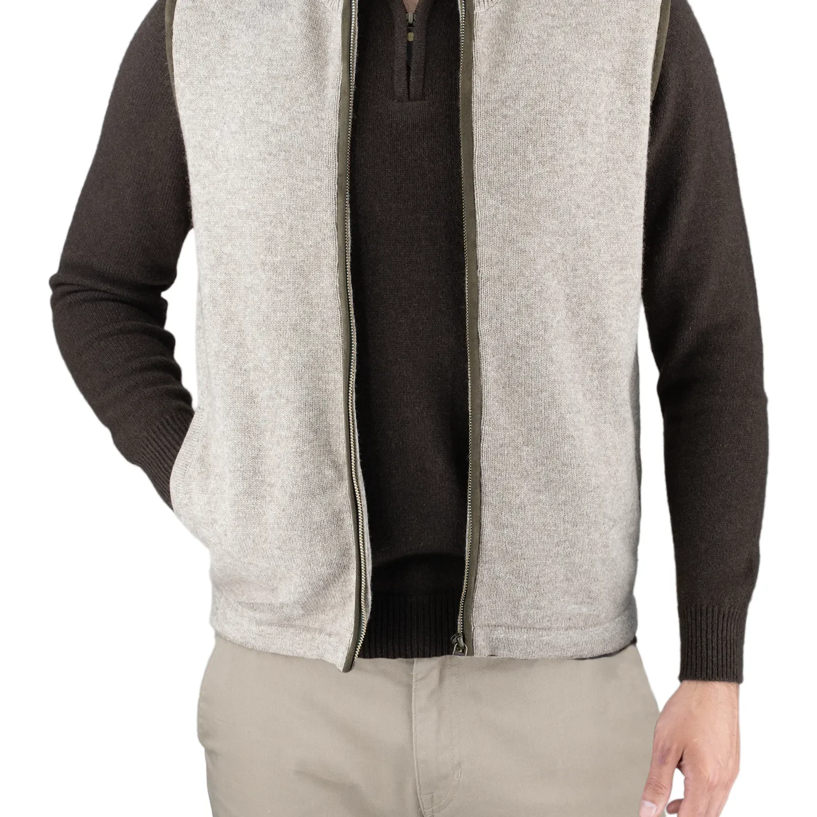 men’s yak wool zip gilet in stone, front view with stand collar, full zip and two pockets