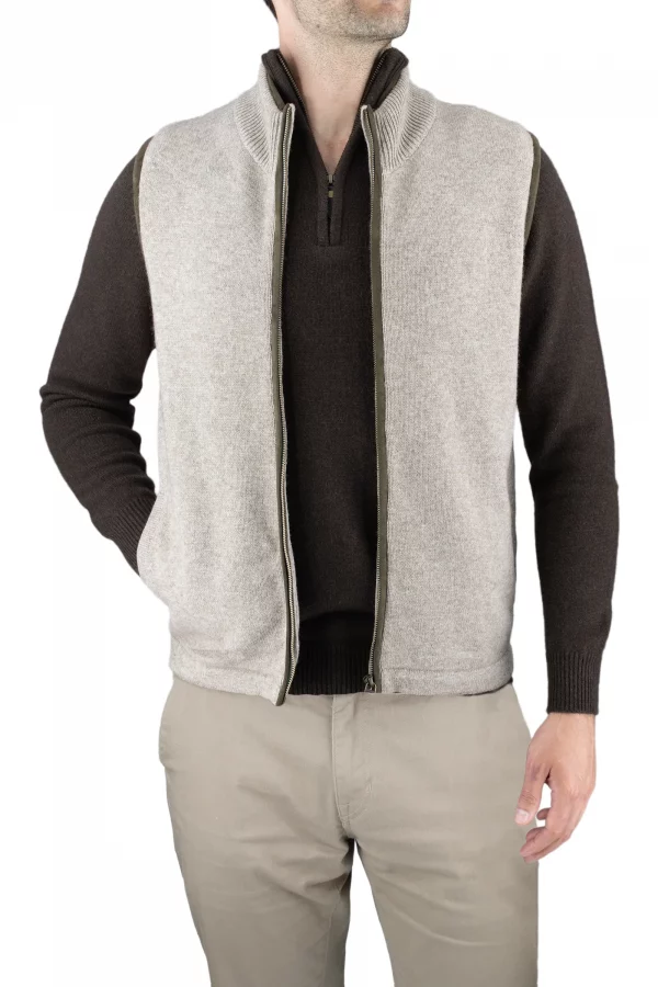 james-mens-yak-wool-zip-gilet-stone - Ochre Knitwear men’s yak wool zip gilet in stone, front view with stand collar, full zip and two pockets