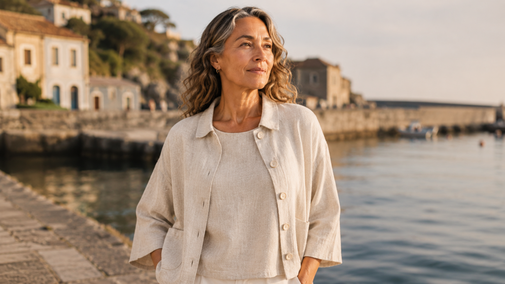 Linen layering for summer evenings with Ochre’s Iona Linen Shirt Jacket over the Tiree Linen Sleeveless Top by the harbour.