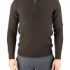 miles-mens-yak-wool-quarter-zip-bitter-chocolate-front - Ochre Knitwear men’s yak wool quarter zip jumper in Bitter Chocolate, front view with ribbed stand collar and cuffs