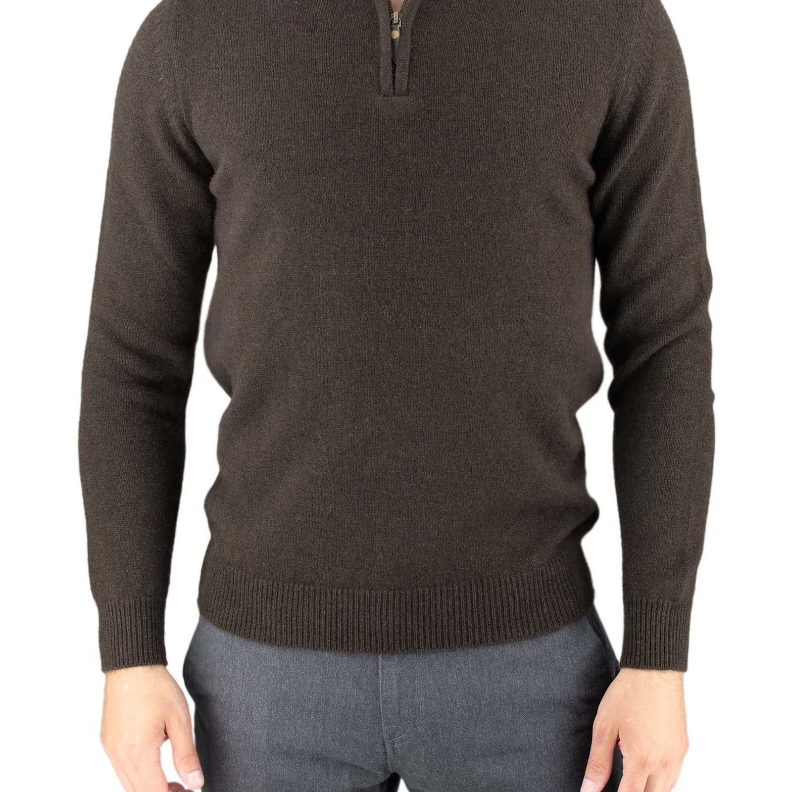 men’s yak wool quarter zip jumper in Bitter Chocolate, front view with ribbed stand collar and cuffs