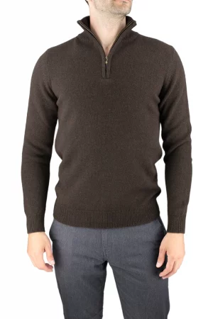 miles-mens-yak-wool-quarter-zip-bitter-chocolate-front men’s yak wool quarter zip jumper in Bitter Chocolate, front view with ribbed stand collar and cuffs