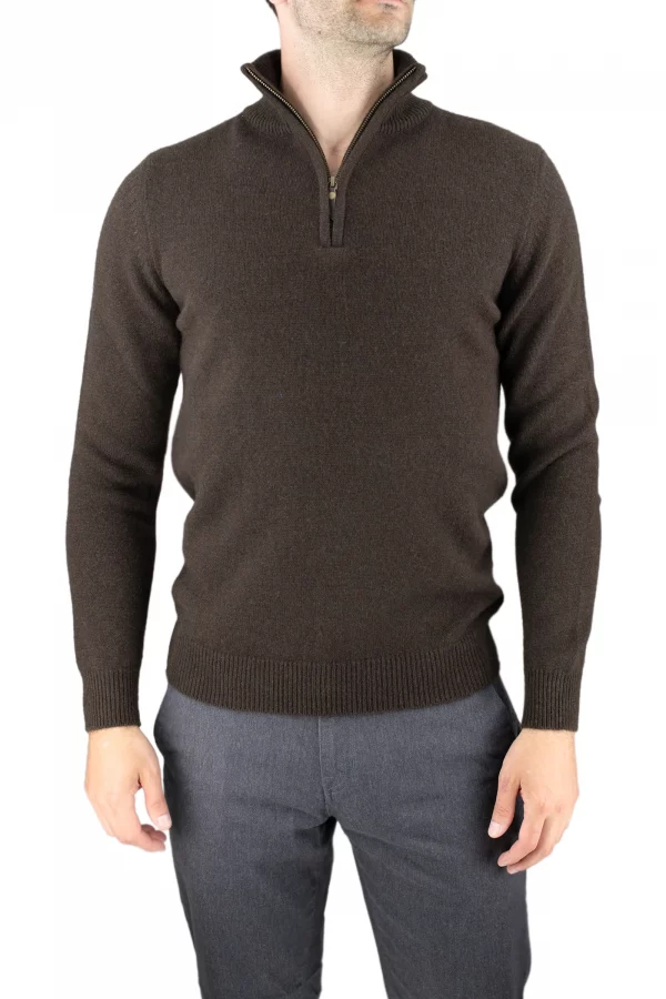 miles-mens-yak-wool-quarter-zip-bitter-chocolate-front - Ochre Knitwear men’s yak wool quarter zip jumper in Bitter Chocolate, front view with ribbed stand collar and cuffs