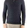miles-mens-yak-wool-quarter-zip-graphite-front - Ochre Knitwear men’s yak wool quarter zip jumper in graphite, front view with ribbed stand collar and cuffs