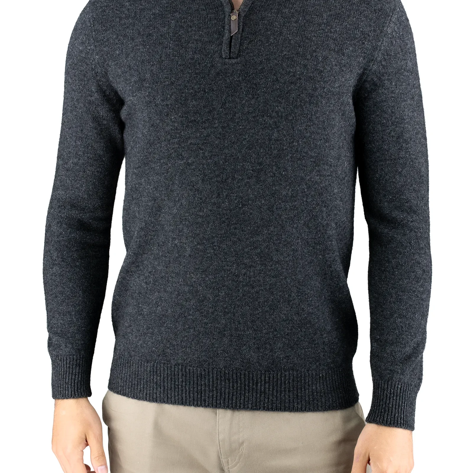 men’s yak wool quarter zip jumper in graphite, front view with ribbed stand collar and cuffs