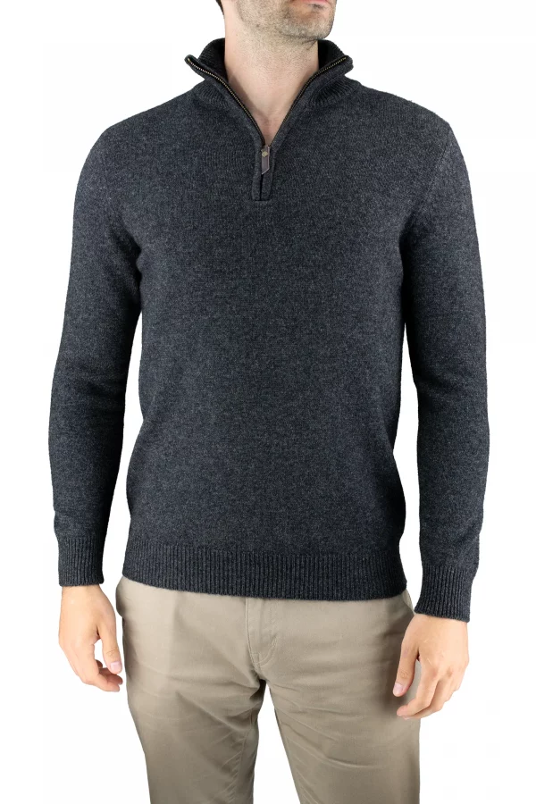 miles-mens-yak-wool-quarter-zip-graphite-front - Ochre Knitwear men’s yak wool quarter zip jumper in graphite, front view with ribbed stand collar and cuffs