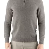 miles-mens-yak-wool-quarter-zip-mocha-front - Ochre Knitwear men’s yak wool quarter zip jumper in mocha, front view with ribbed stand collar and cuffs