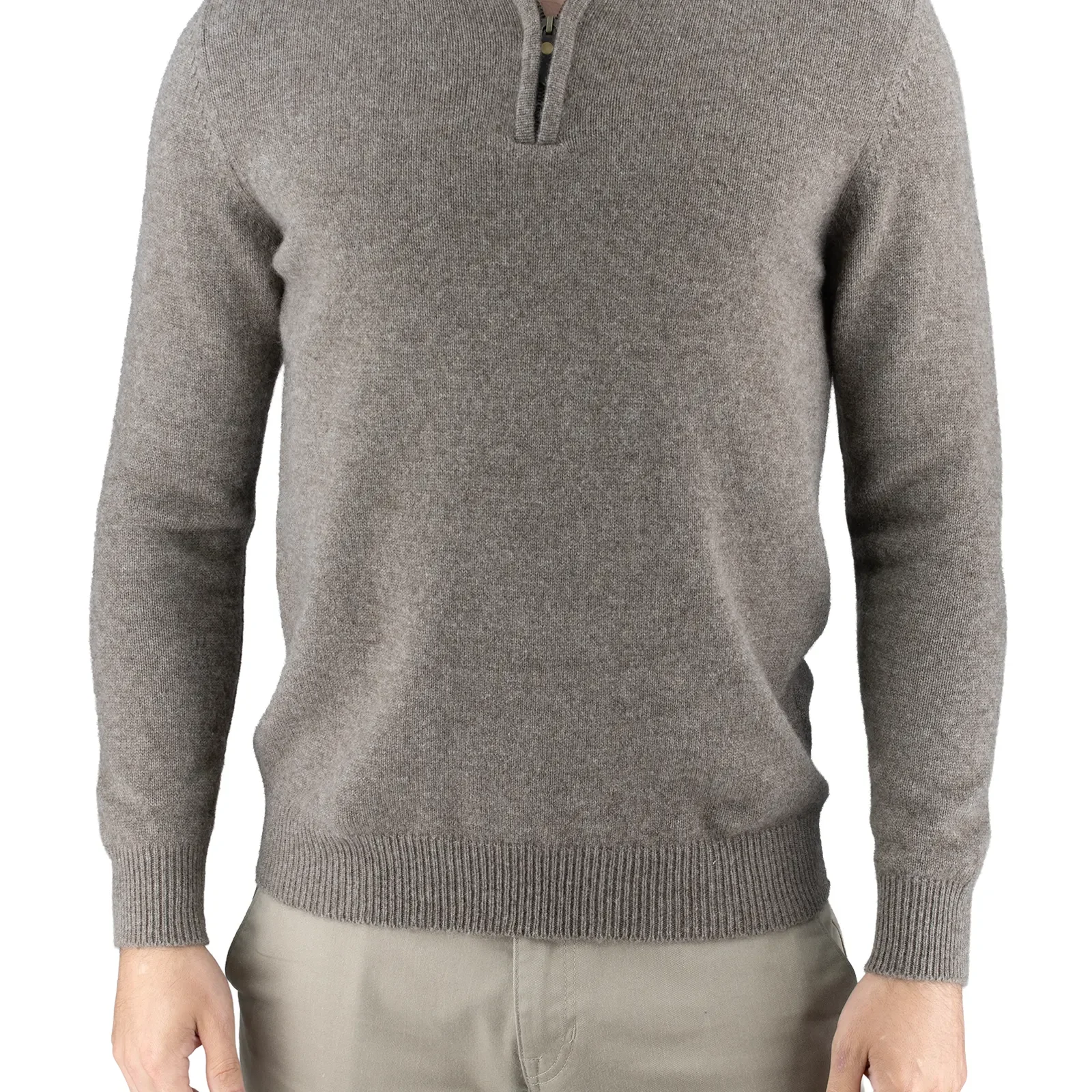 men’s yak wool quarter zip jumper in mocha, front view with ribbed stand collar and cuffs