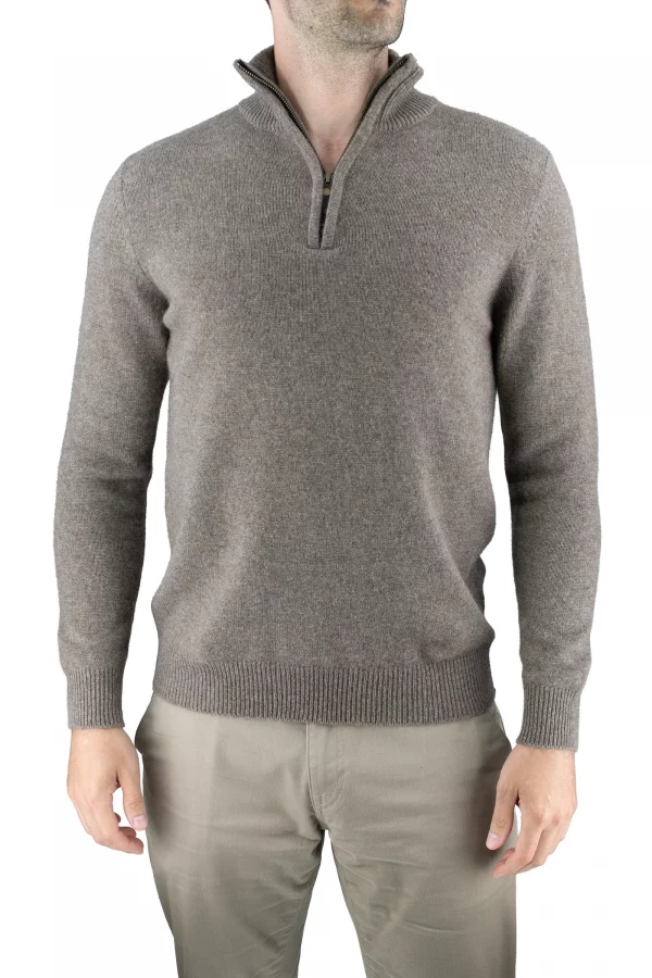 miles-mens-yak-wool-quarter-zip-mocha-front - Ochre Knitwear men’s yak wool quarter zip jumper in mocha, front view with ribbed stand collar and cuffs