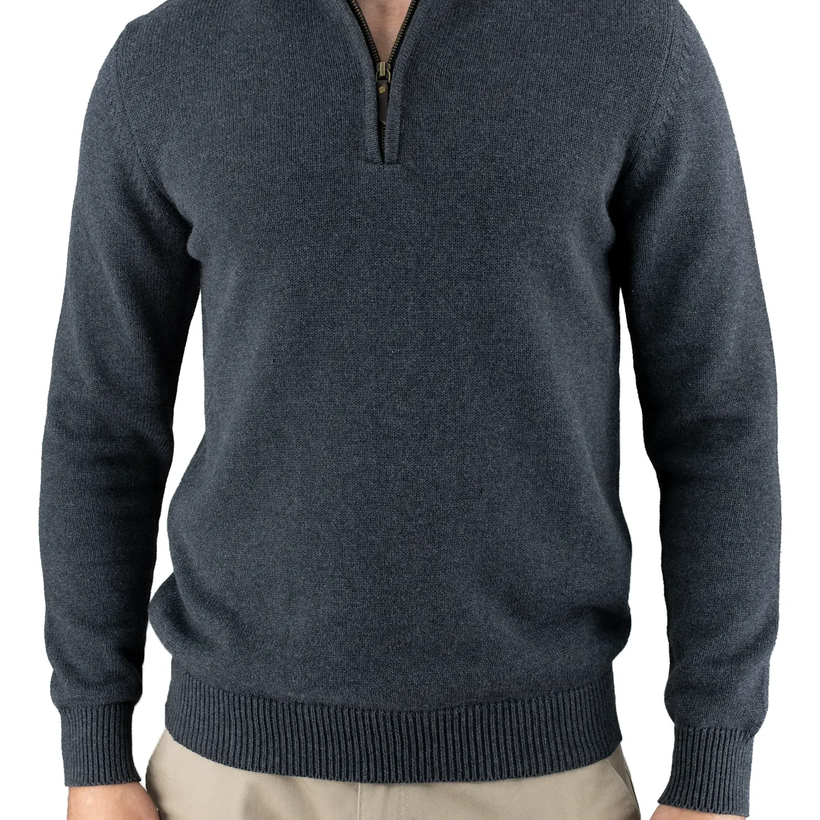 cotton quarter zip jumper in graphite, front view