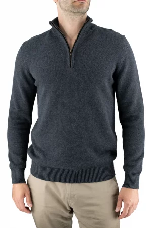 cotton quarter zip jumper in graphite, front view
