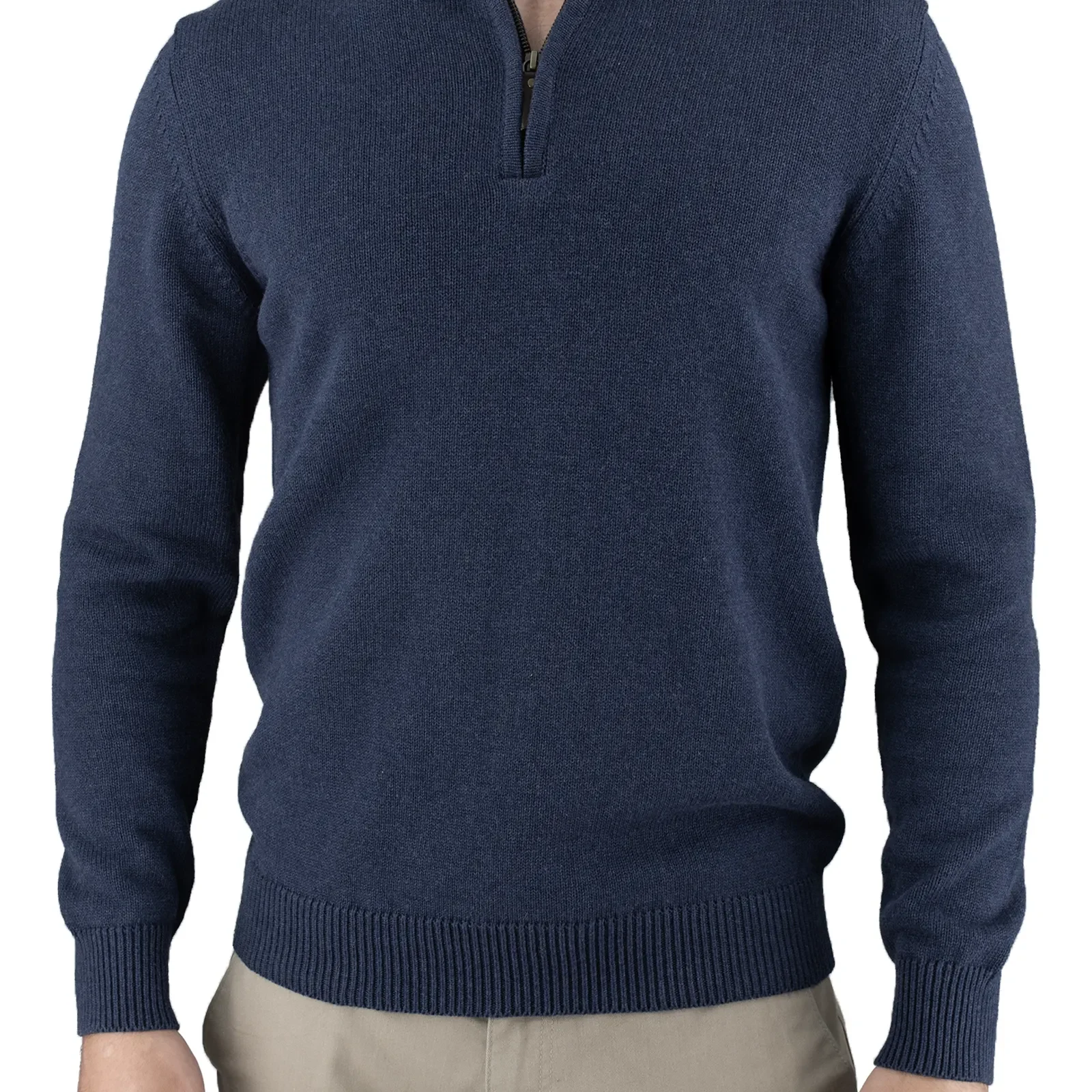 cotton quarter zip jumper in navy, front view