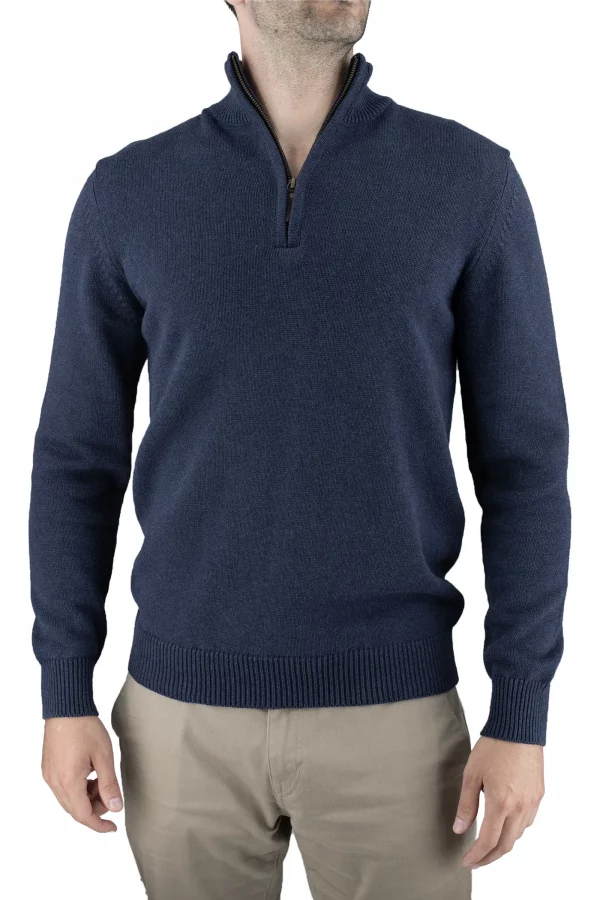cotton quarter zip jumper in navy, front view