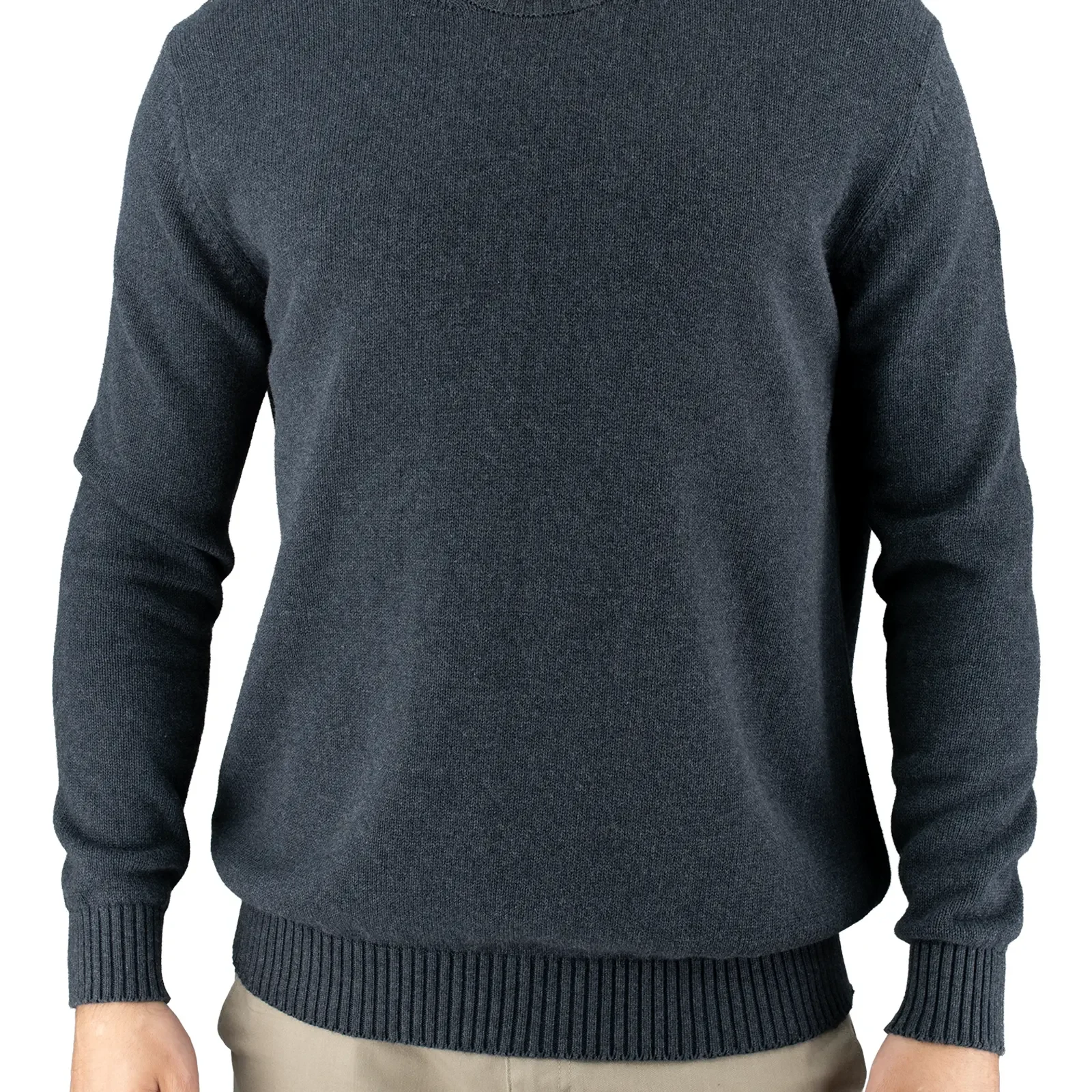ralph-mens-cotton-crew-neck-jumper-graphite-front - Ochre Knitwear men’s cotton crew neck jumper in graphite with set-in shoulders and deep ribbed cuffs and hem