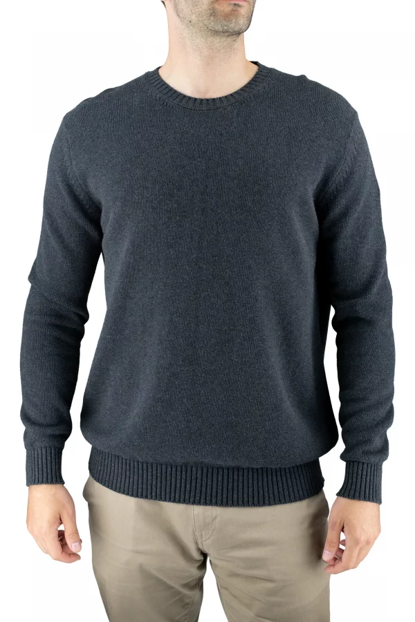 ralph-mens-cotton-crew-neck-jumper-graphite-front - Ochre Knitwear men’s cotton crew neck jumper in graphite with set-in shoulders and deep ribbed cuffs and hem