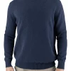 ralph-organic-cotton-set-in-sleeve-jumper-navy-front - Ochre Knitwear men’s cotton crew neck jumper in navy with set-in shoulders and deep ribbed cuffs and hem