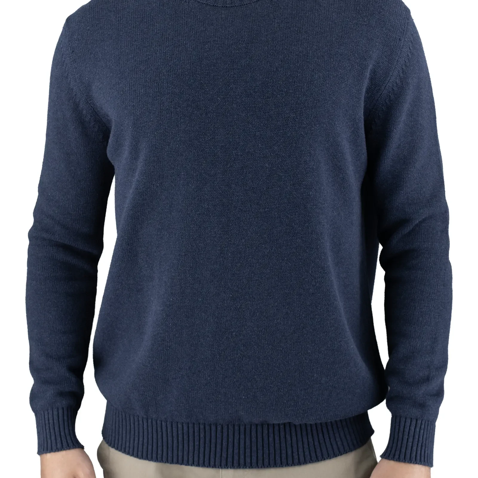 ralph-organic-cotton-set-in-sleeve-jumper-navy-front - Ochre Knitwear men’s cotton crew neck jumper in navy with set-in shoulders and deep ribbed cuffs and hem