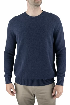 men’s cotton crew neck jumper in navy with set-in shoulders and deep ribbed cuffs and hem