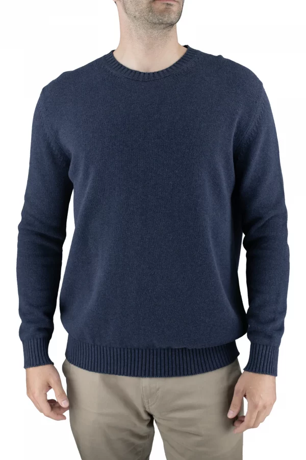 ralph-organic-cotton-set-in-sleeve-jumper-navy-front - Ochre Knitwear men’s cotton crew neck jumper in navy with set-in shoulders and deep ribbed cuffs and hem