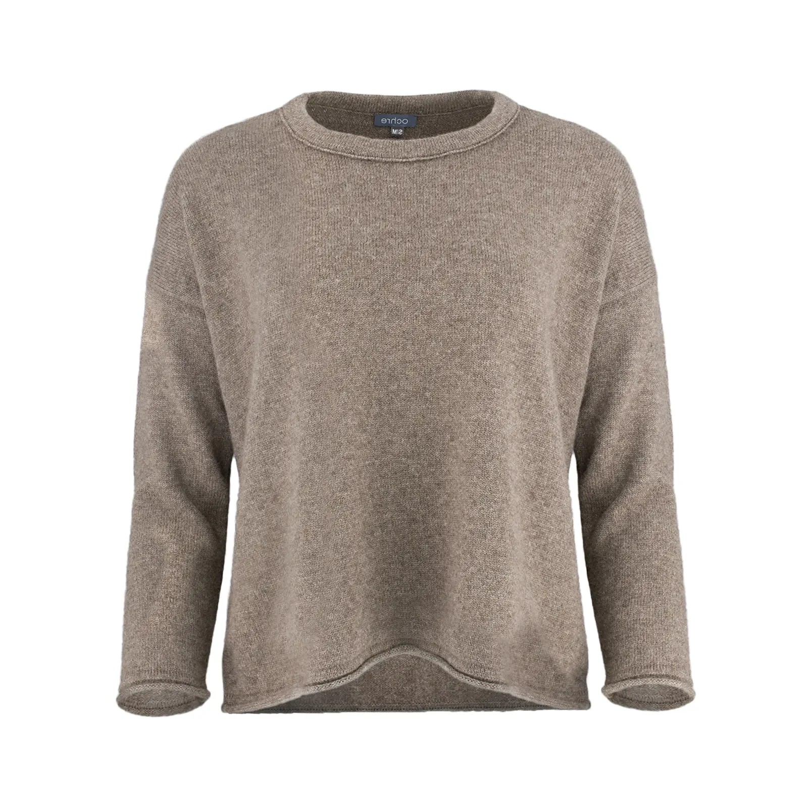 yak wool jumper, showing the relaxed crew neckline, dropped shoulders and softly cropped