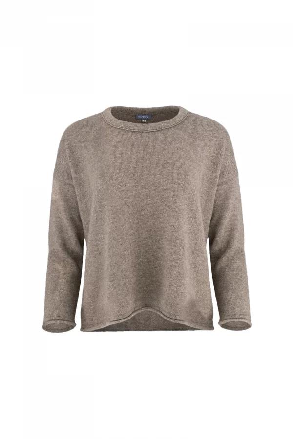 Rina-yak-wool-jumper-mocha-front - Ochre Knitwear yak wool jumper, showing the relaxed crew neckline, dropped shoulders and softly cropped